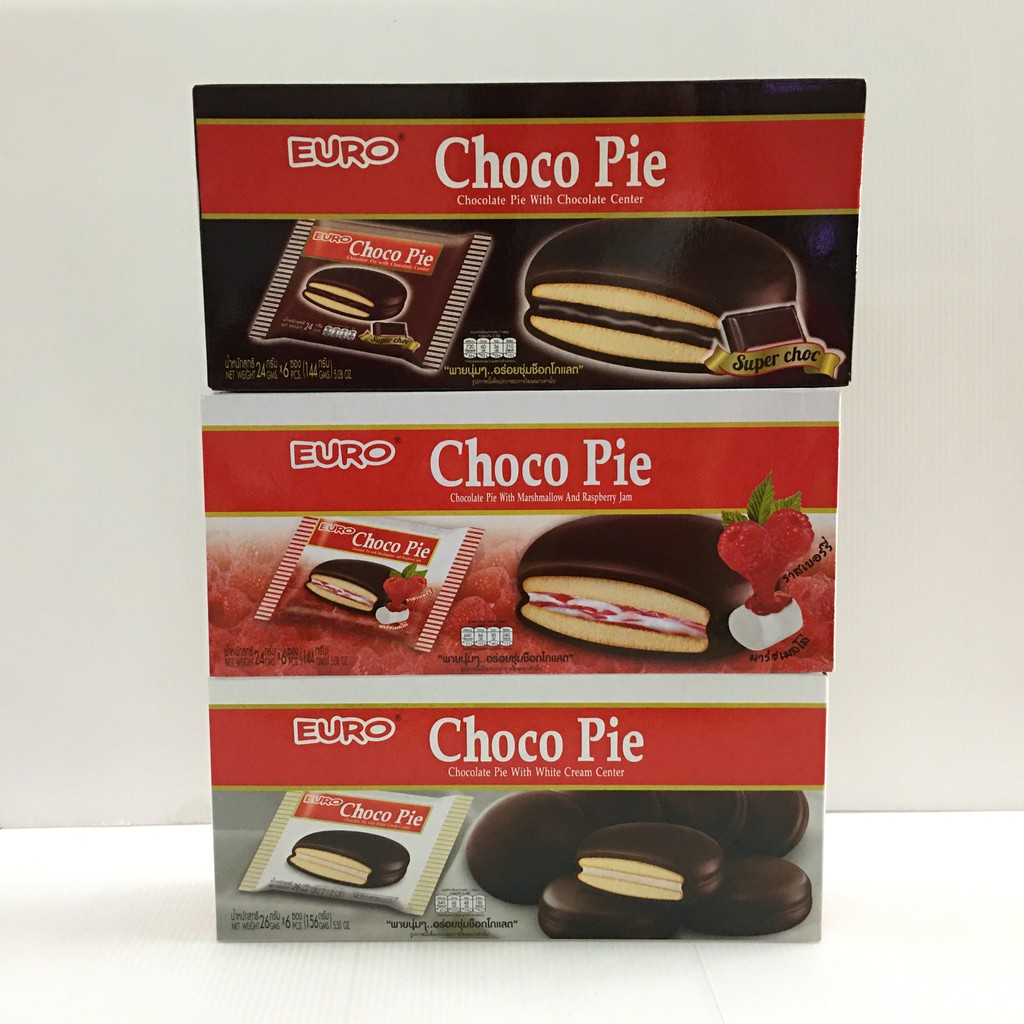 มี-3-รสชาติ-euro-choco-pie-ยูโร่-ช็อกโก-พาย-ขนมพายสอดไส้เคลือบช็อกโกแลต-24-กรัม-x-6-ซอง-156กรัม