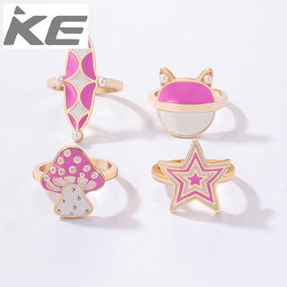 Four-piece pink drop mushroom ring set Star pearl geometric ring set for girls for women low