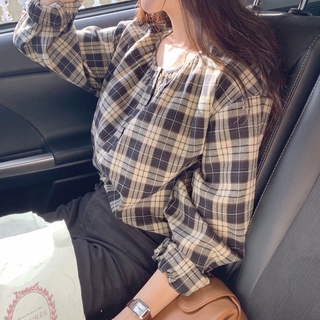 【พร้อมส่ง】เสื้อเชิ้ตลายสก๊อตแขนยาววินเทจผู้หญิง เสื้อเกาหลีแฟชั่น