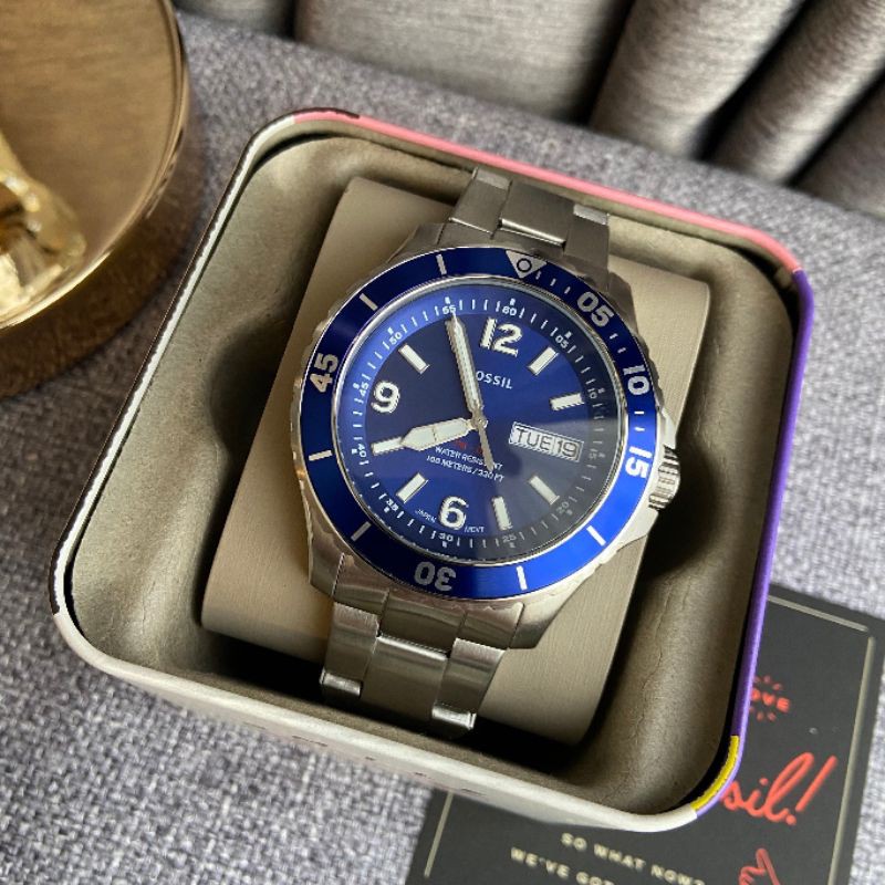 สด-ผ่อน-นาฬิกา-สีเงิน-หน้าปัดสีน้ำเงิน-fs5691-fossil-three-hand-date-stainless-steel-watch-ขนาด-48-มิล