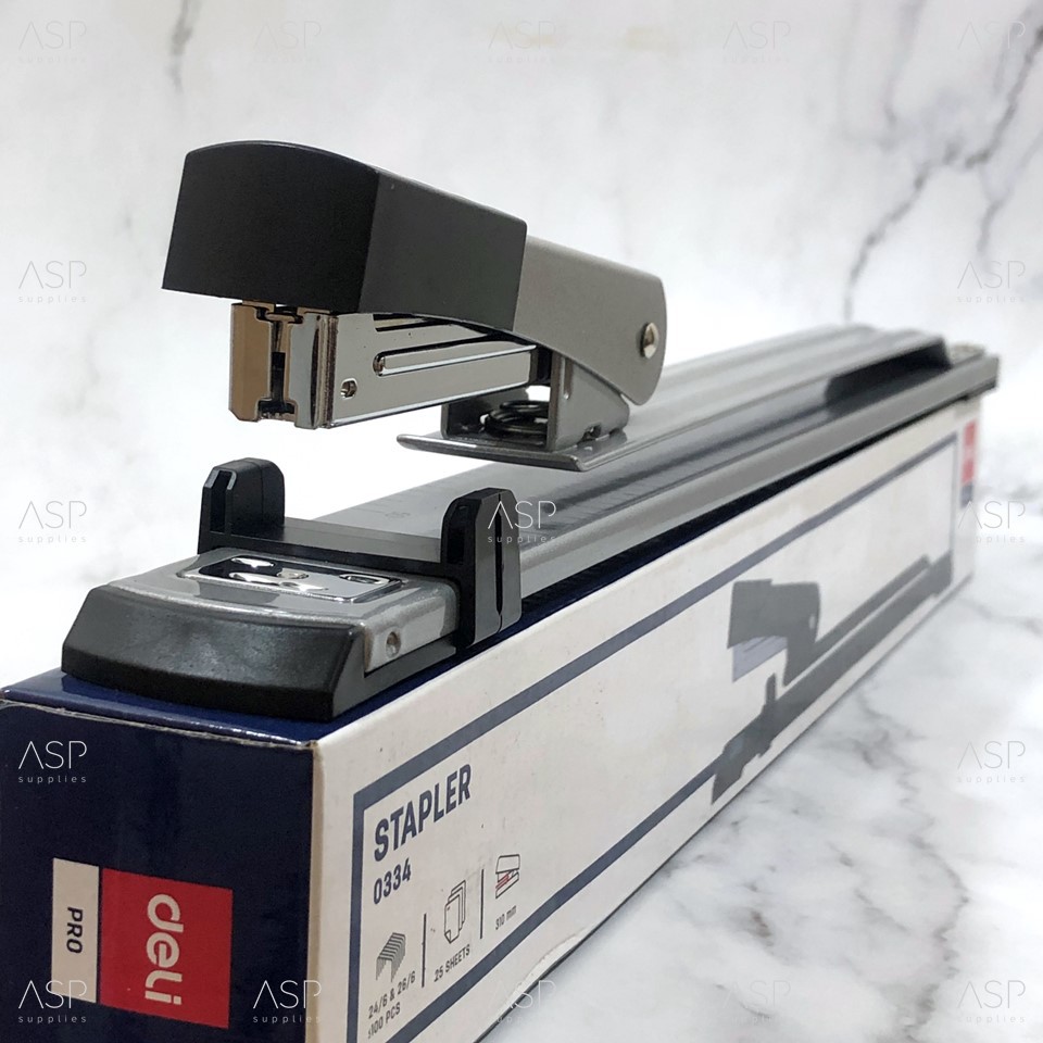 เครื่องเย็บกระดาษตัวยาว-deli-stapler-0334-แบบเย็บมุงหลังคา