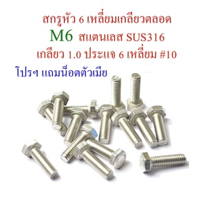 M6 สกรูหัว 6 เหลี่ยม เกลียวตลอด แสตนเลส SUS316 ทนการกัดกร่อนได้ดีกว่า SUS304