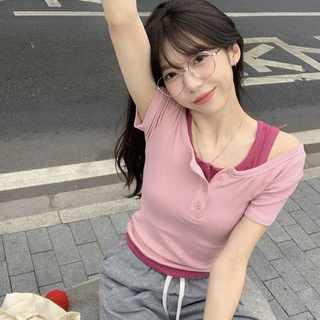 เสื้อยืดแขนสั้น เข้ารูป ดูไม่สม่ําเสมอ แฟชั่นฤดูร้อน สําหรับผู้หญิง จํานวนสองชิ้น