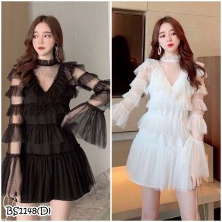 Dress 2 ชิ้น เดรสตาข่ายแขนยาว ระบายชั้นๆ ทั้งตัว **สอบถามก่อนสั่งซื้อ**