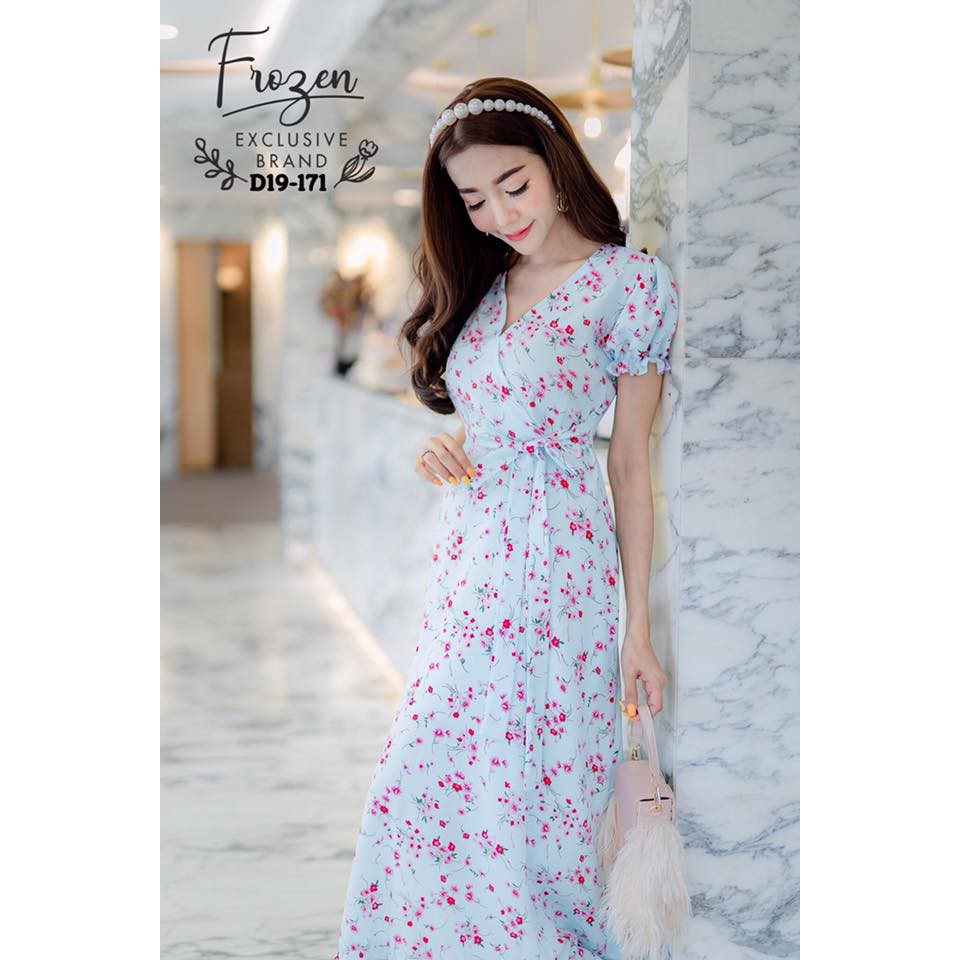 maxidress-แม็กซี่เดรส-แขนตุ๊กตา-ผ้าหางกระรอก-ผูกโบเอว