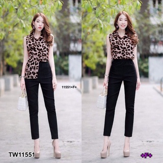 TW11551  Set 2 ชิ้น เสื้อแขนกุดกระดุมหน้า ผ้าหางกระรอกลายเสือ + กางเกงผ้าฮานาเล่ยืด เอวยืดสม็อค ทรงเดฟ ใส่สวยเป๊ะ