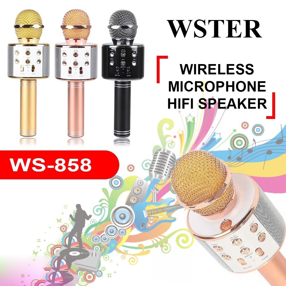 ภาพหน้าปกสินค้าไมโครโฟน +ลำโพงบลูทูธ WSTER WS-858 คละสี ร้องคาราโอเกะได้ เปลี่ยนเสียงได้ 5 เสียง พร้อมฟังก์ชั่นหลกหลายรูปแบบ น้ำหนักเบา จากร้าน jmphone บน Shopee