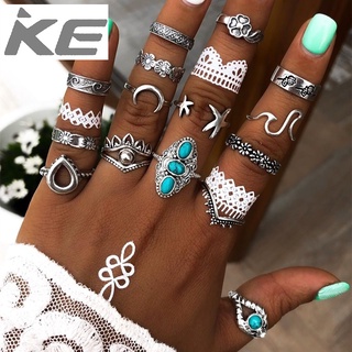 Joint ring multi-piece set turquoise flower moon pentagram open ring 15-piece set for girls fo