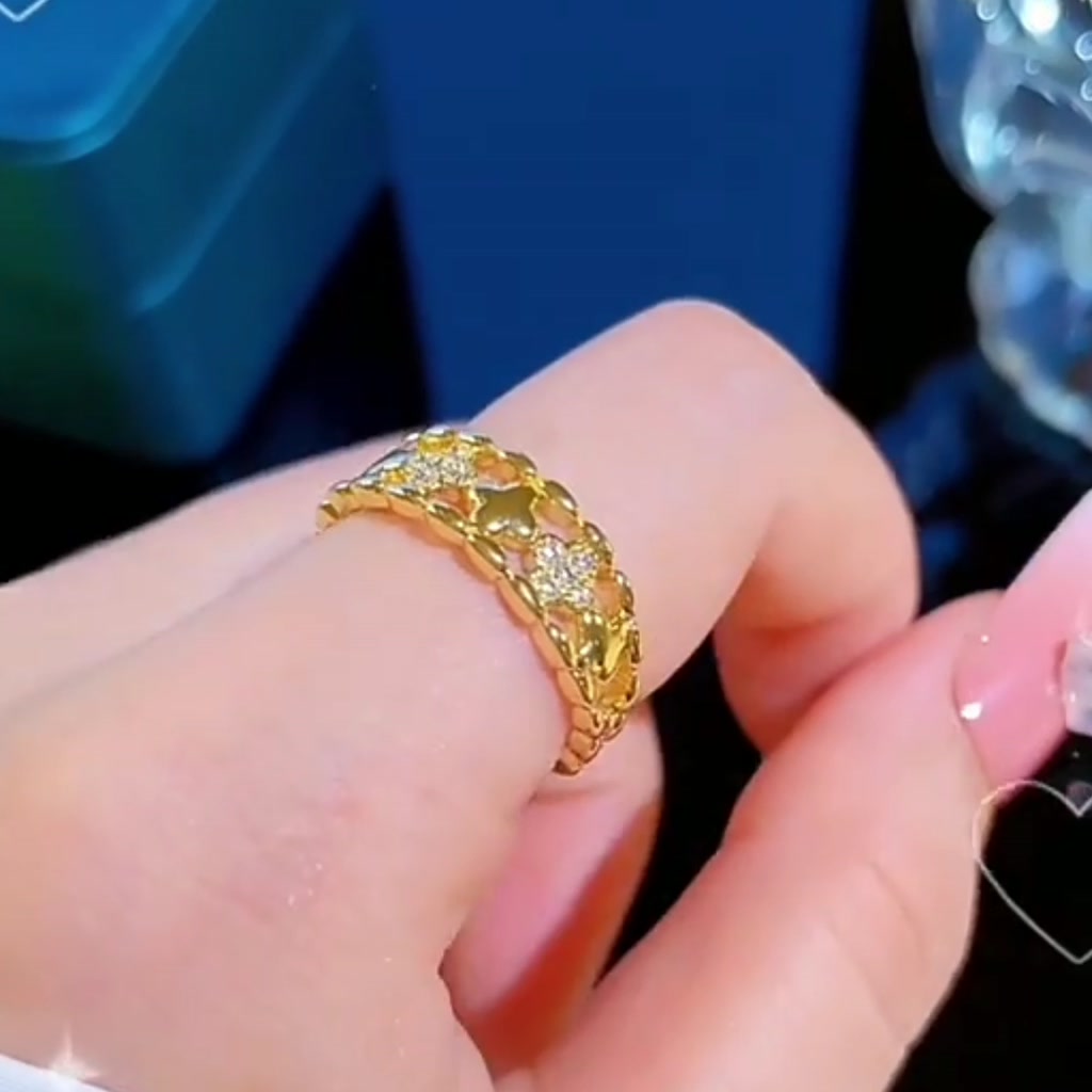 แหวนชุบทองแท้-ลายดอกไม้นําโชค-หรูหรา-ปรับขนาดได้-สไตล์เรียบง่าย-เครื่องประดับแฟชั่น-สําหรับผู้หญิง