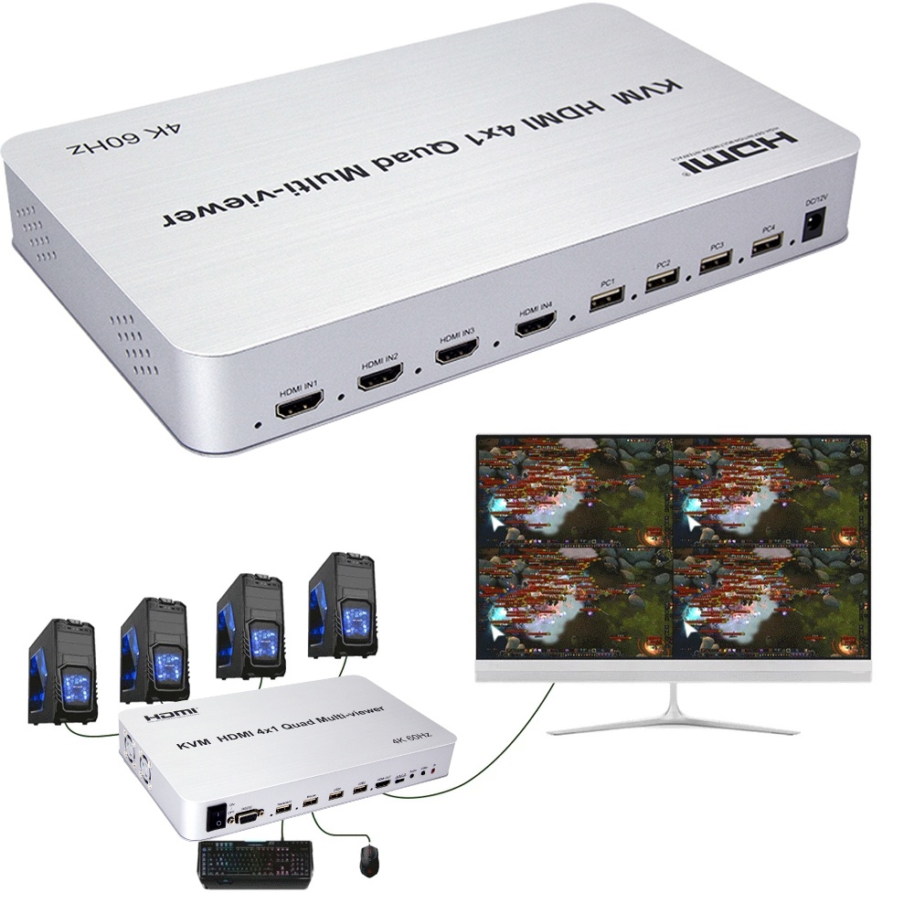 4k 60Hz 4 พอร์ต HDMI USB KVM สวิทช์ 90° 180° Flip RS232 HDMI 2.0 4x1