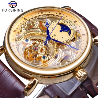 Forsining 2018 Royal Golden Skeleton Display Blue Hands Brown Genuine Leather Belt Mens Mechanical Wristwatches Clock Ma