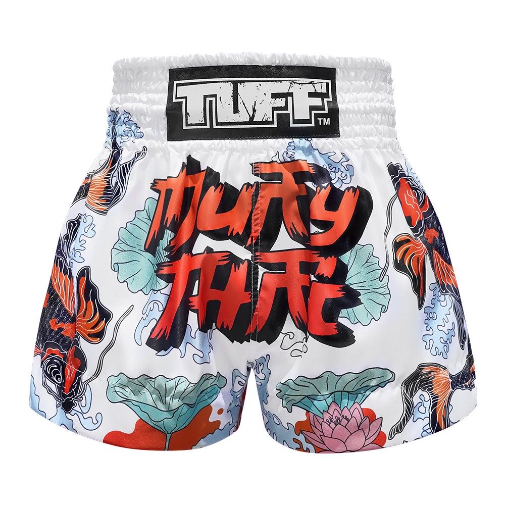 ภาพหน้าปกสินค้าTUFF มวยไทย กางเกงมวยไทย สีขาว ลายปลาคราฟท์ TUFF Muay Thai Boxing Shorts White Japanese Koi Fish With Muay Thai Text