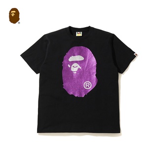 HH BAPE Mens Spring/summer Bright-faced Shiny Pink Ape Head Print Trend Casual Short-sleeved T-shirt เสื้อยืดผ้าฝ้าย