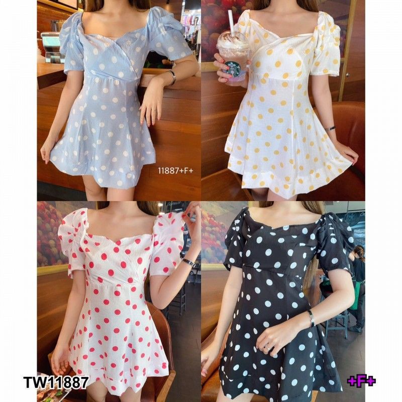 lt-tw11887-gt-dress-เดรสคอเหลี่ยมกว้าง-พิมลายจุด-แขนเย็บจีบ-งานผ้าหางกระรอก-มีซิปหลัง