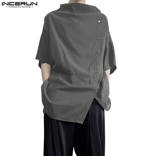 สินค้า Incerun เสื้อเชิ้ตแขนสั้น ลําลอง ติดกระดุมด้านข้าง สไตล์พังก์ ฮิปปี้ สําหรับผู้ชาย