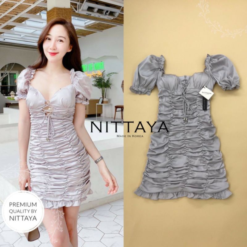 nittaya-เดรสแขนตุ๊กตา-ทรงพอดีตัว-หน้าอกเว้าลงทรงหัวใจ