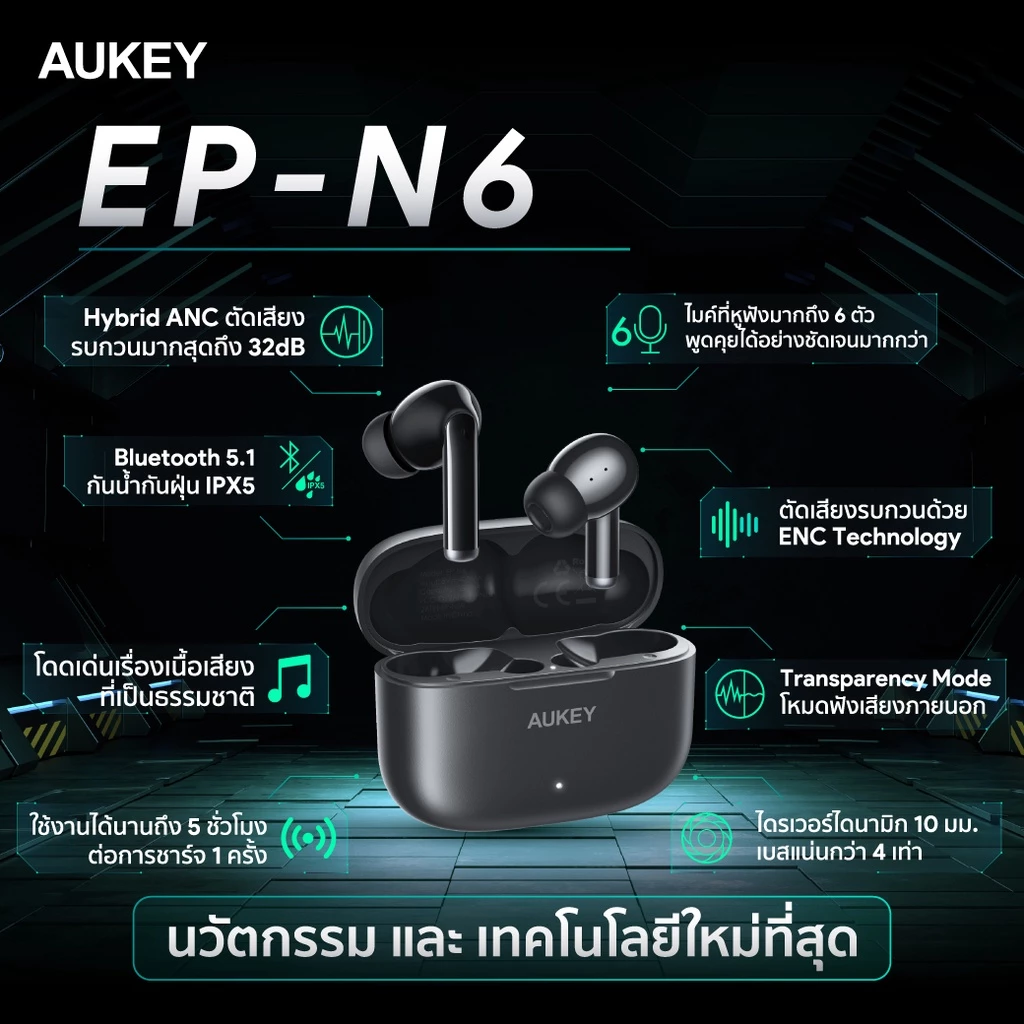 AUKEY EP-N6 หูฟังบลูทูธ True Wireless Bluetooth 5.1 Active Noise Cancelling TWS เบสดี หูฟังไร้สาย ANC ตัดเสียงรบกวน รุ่น EP-N6