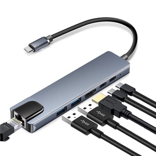 6in1 ฮับ Type-C เป็น HDMI 4K PD การ์ดรีดเดอร์ SD TF RJ45 USB3.0 USB C USB3.0