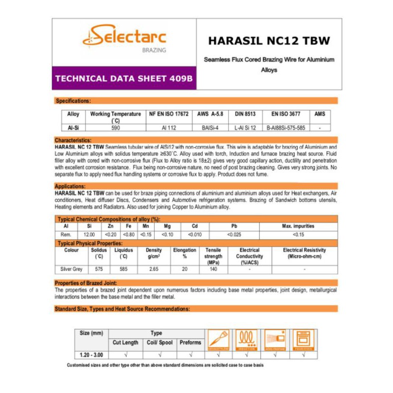 ภาพสินค้าลวดเชื่อมอลูมิเนียมแก๊สไส้ฟลักซ์อุณหภูมิต่ำ Selectarc Harasil NC12 TBW ขนาด 1.6mm. และ 2.0mm. ยาว 50cm. แบ่งขายเป็นเส้น จากร้าน toeysarunkorn บน Shopee ภาพที่ 1