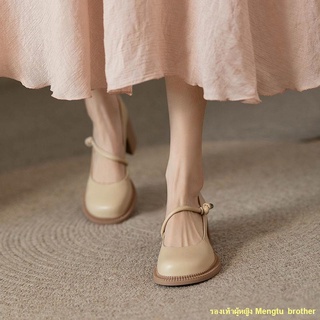 พร้อมส่ง #🎊Mary Jane ภาษาฝรั่งเศสคำ Retro One-Word BUCKLE รองเท้าส้นสูงขนาดเล็กรองเท้าหนังผู้หญิงรอบหัวปากตื้นด้านล่างห