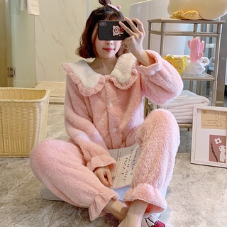 🌸Xiaoxiao♝◑✤ปะการังชุดนอนกำมะหยี่ผู้หญิงฤดูใบไม้ร่วงและฤดูหนาวหนาน่ารักเวอร์ชั่นเกาหลีเจ้าหญิงหวานบ้านสไตล์เสื้อผ้าสักห