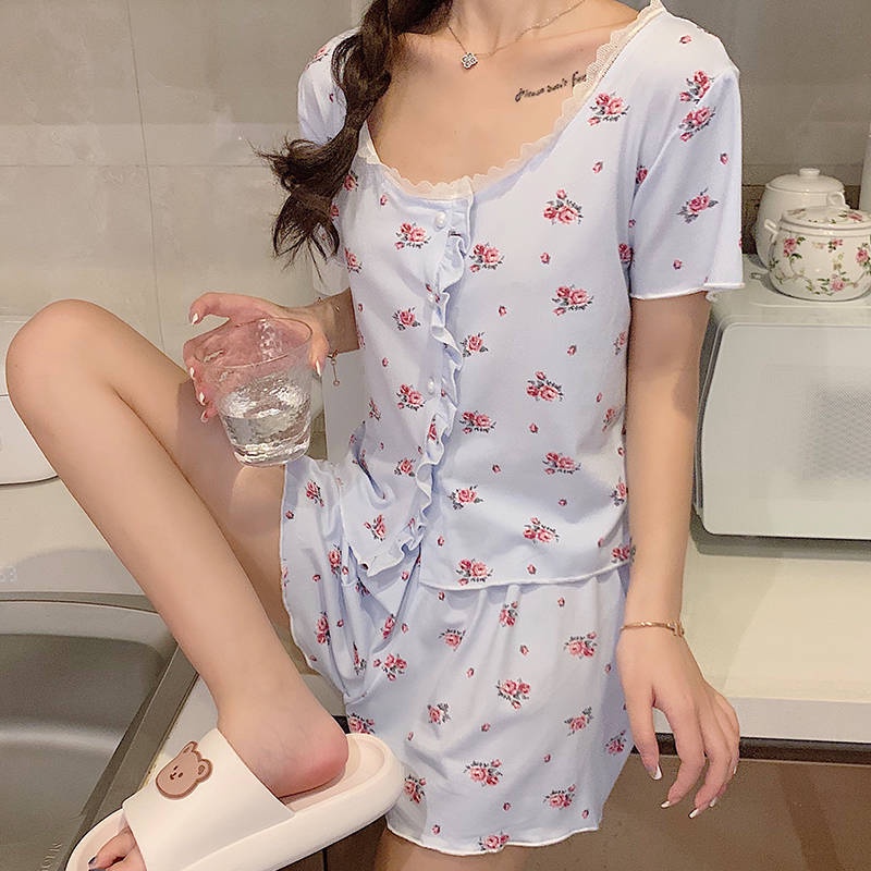 ชุดนอน-floral-ins-ลมหวานและน่ารักสาวแขนสั้นชุดบริการถึงบ้าน