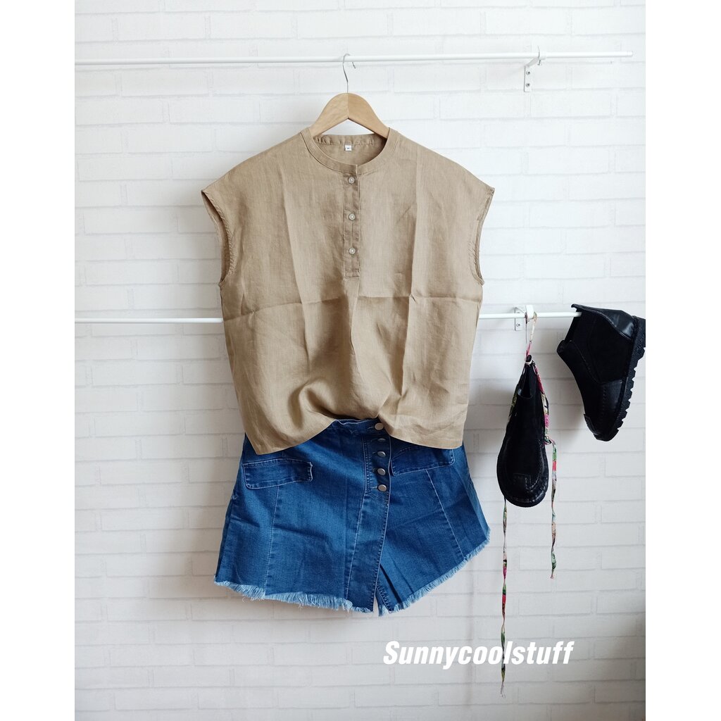 sunnycoolstuff-เสื้อลินินสีพื้นคอกลมไหล่ในตัว