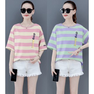 สินค้า 💙YUI💙พร้อมส่งจ้า เสื้อยืดคอกลม ลายทางแนวๆสาวเกาหลี สีสันสดใส สกีนอักษร #9022