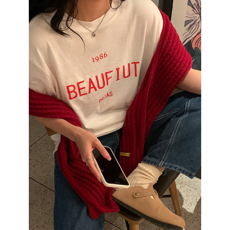 เสื้อยืด-แขนสั้น-พิมพ์ลายตัวอักษร-ทรงหลวม-สําหรับผู้หญิง