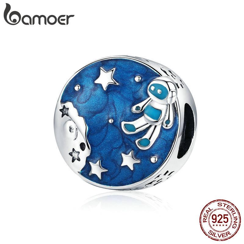 BAMOER Charms 925 Silver Enamel Round Beads Space Astronaut For Bracelet DIY Jewelry Making SCC1148