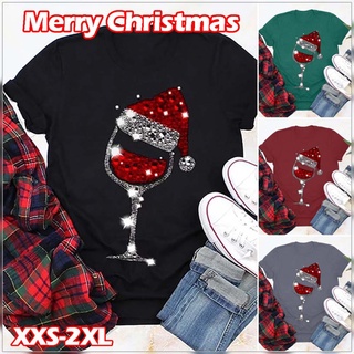 ⚡️ พร้อมส่ง⚡️ Merry Christmas Shirt New Women Fashion Casual Christmas Hat Print Short Sleeves Tee Shirts Graphic