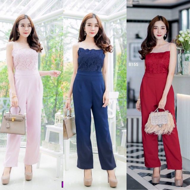 tw8155-jumpsuit-ชุดจั้มสูทแขนกุด-ด้านบนเป็นลูกไม้ตัดต่อตาข่ายซีทรู-ช่วงกางเกงขาายวทรงกางกระบอก