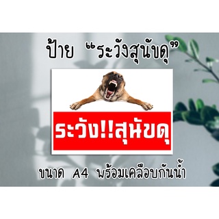 [ป้าย] "ระวังสุนัขดุ" ขนาด A4 พร้อมเคลือบกันน้ำ ส่งไว!! มีปลายทาง