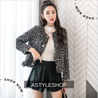 Astyleshop-เสื้อสูท Blazer แจ็คเก็ตแขนยาว เสื้อทวิต กระเป๋าหน้า แต่งดีเทล ขอบชายรอบตัว