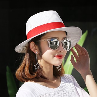 หมวกสานผู้หญิง หมวกสานแฟชั่น หมากสานสีขาว แถบสีแดง ทรงปานามา หมวกปีกกว้าง ใส่เที่ยวทะเล กันแดดกันร้อน ป้องกันผิว