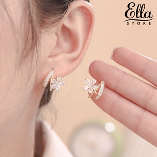 Ellastore123 ต่างหูห่วง รูปดอกไม้ ประดับพลอยเทียม แวววาว สําหรับผู้หญิง 1 คู่