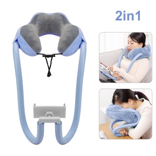 【บลูไดมอนด์】2-in-1 U-Shaped Neck Pillow With Gooseneck Tablet Phone Holder, Memory Foam Nap Pillow with Flexible Phone R