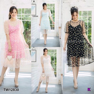 AK 12830 Dress #สาวอวบ เดรสซีทรูคอกลม แขนสั้น