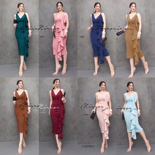 PE11576 Dress เดรสแขนกุดสายเดี่ยว 1 ข้าง ผ้าซาร่าเงา แต่งระบายคลีบปลาย้วยๆ ดูมีเทคเจอร์ สวยมีซิปหลัง