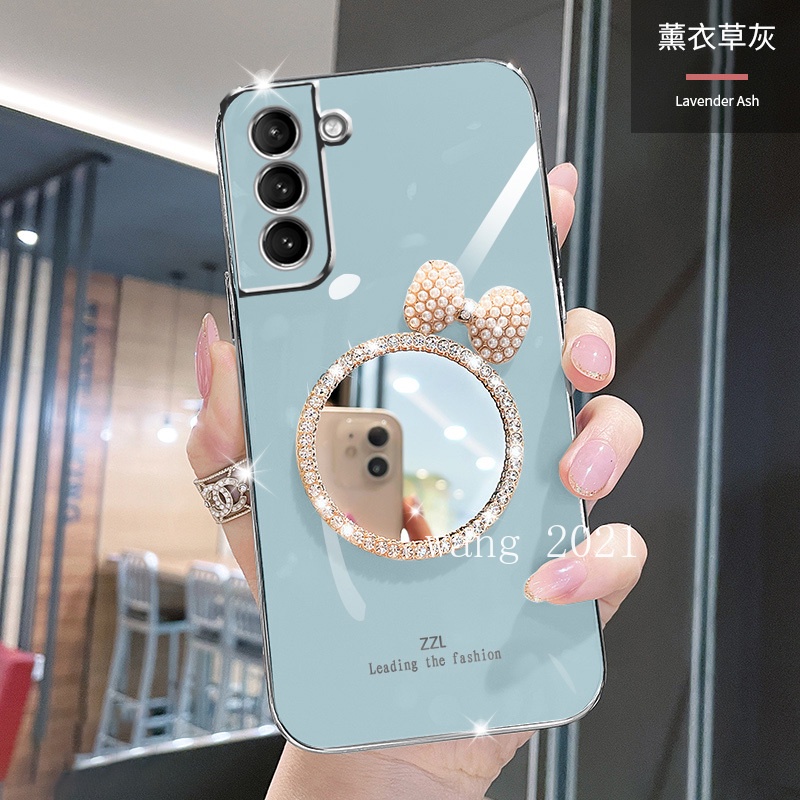 2022-new-casing-เคส-samsung-galaxy-s22-s21-fe-5g-ultra-5g-phone-case-with-makeup-mirror-and-pearl-butterfly-bow-soft-case-เคสโทรศัพท