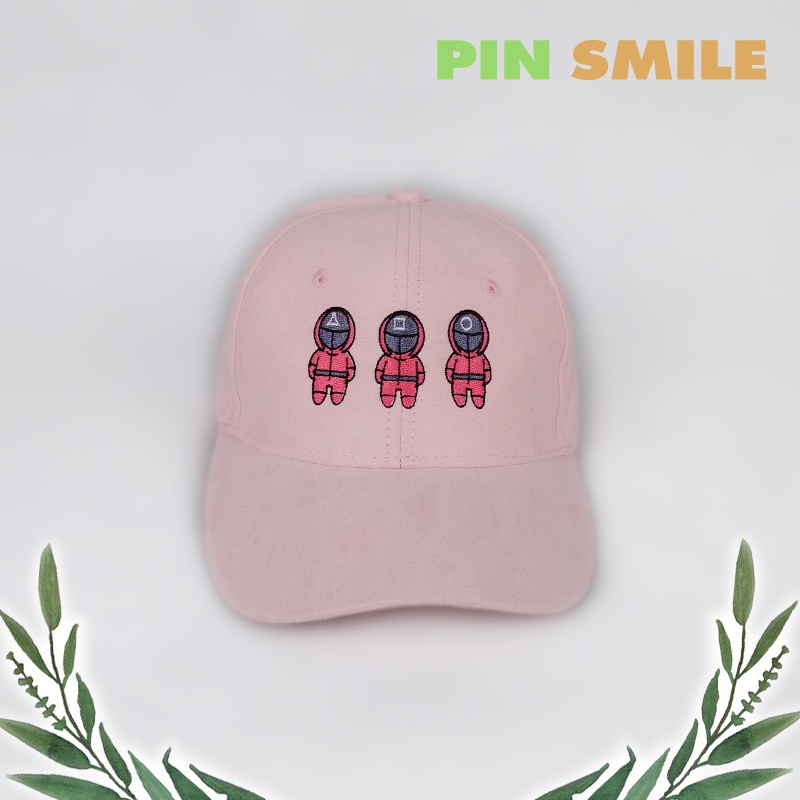 หมวกพาสเทล-สีชมพู-pink-flamingo-ปักลายการ์ตูน-squid-game-หมวกแก๊ป-pastel-cap