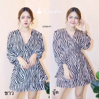 TW12708 Jumpsuit จั้มสูทคอวีไขว้แขนยาว ผ้าวูลพีชลายม้าลาย ขาจั้มกว้าง แต่งระบายคล้ายกระโปรง เอวมีสายผูกเก็บทรง มีซิปหลัง