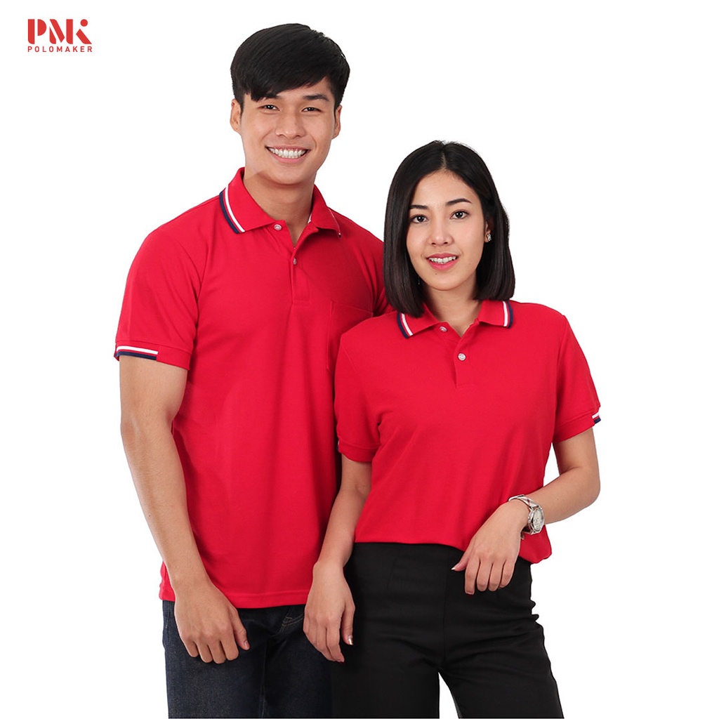ภาพหน้าปกสินค้าเสื้อโปโล สีแดง ขลิบขาว-น้ำเงิน PK103 - PMK Polomaker