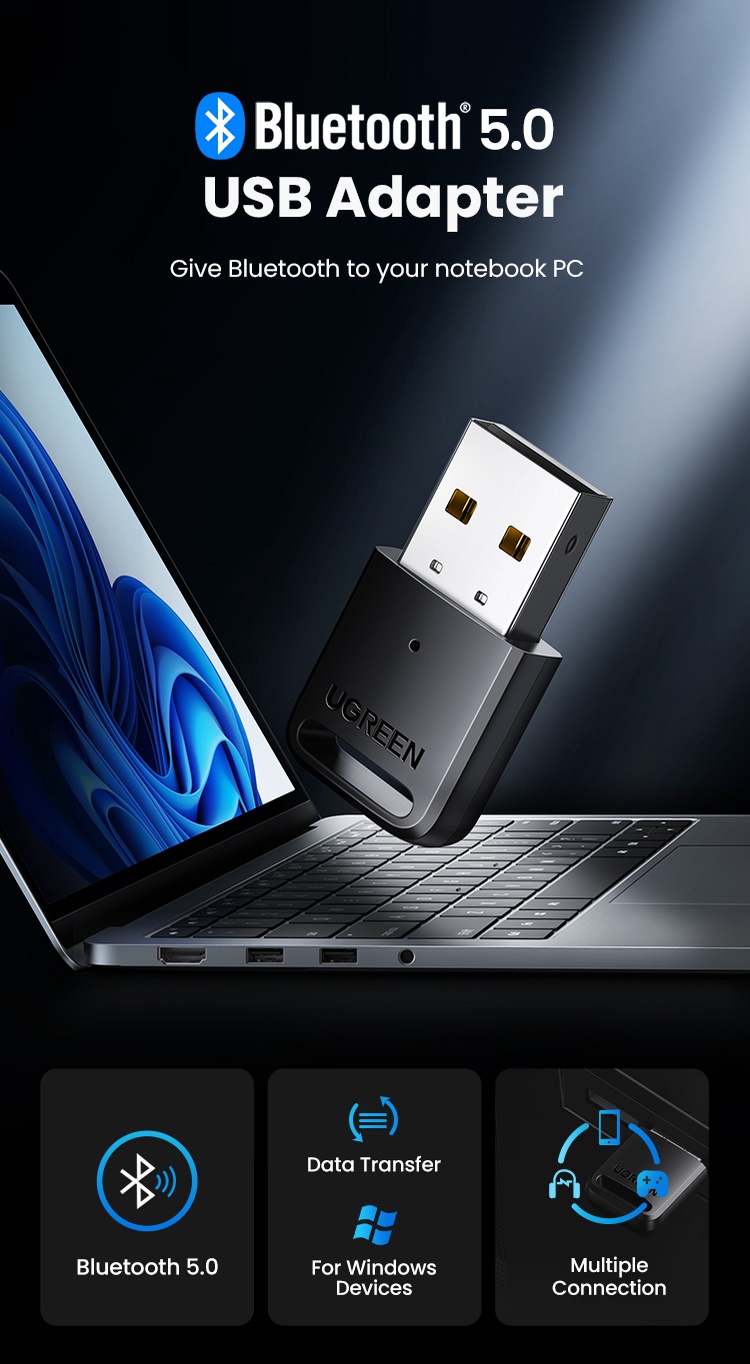ข้อมูลเพิ่มเติมของ UGREEN อะแดปเตอร์รับส่งสัญญาณ USB บลูทูธ 5.0 สําหรับชุดหูฟัง PC