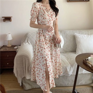 🔥Hot Sale / New Large Size Womens Clothing 2022 First Love Sweet Loose Texture Covering Floral Chiffon Dress Women