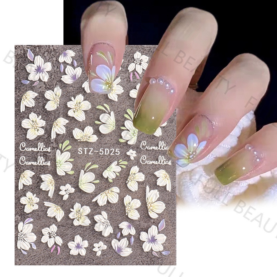 สติกเกอร์ ลายดอกทิวลิป ดอกคามิเลีย 5D สีเขียว สําหรับตกแต่งเล็บ ...