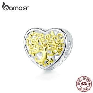 BAMOER Tree of Life Heart Sahpe Beads for Charm Bracelet DIY 925 Sterling Silver Gold Color SCC1264