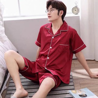 3333-1 ชุดนอนผู้ชายน่ารักๆผ้าซาตินนิ่มใส่สบายแขนสั้นขาสั้น สีสวยสด สไตล์เกาหลี (สินค้าพร้อมส่ง)