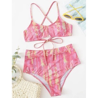 Size M New Romwe Bikini pink set เอวสูง พร้อมส่ง