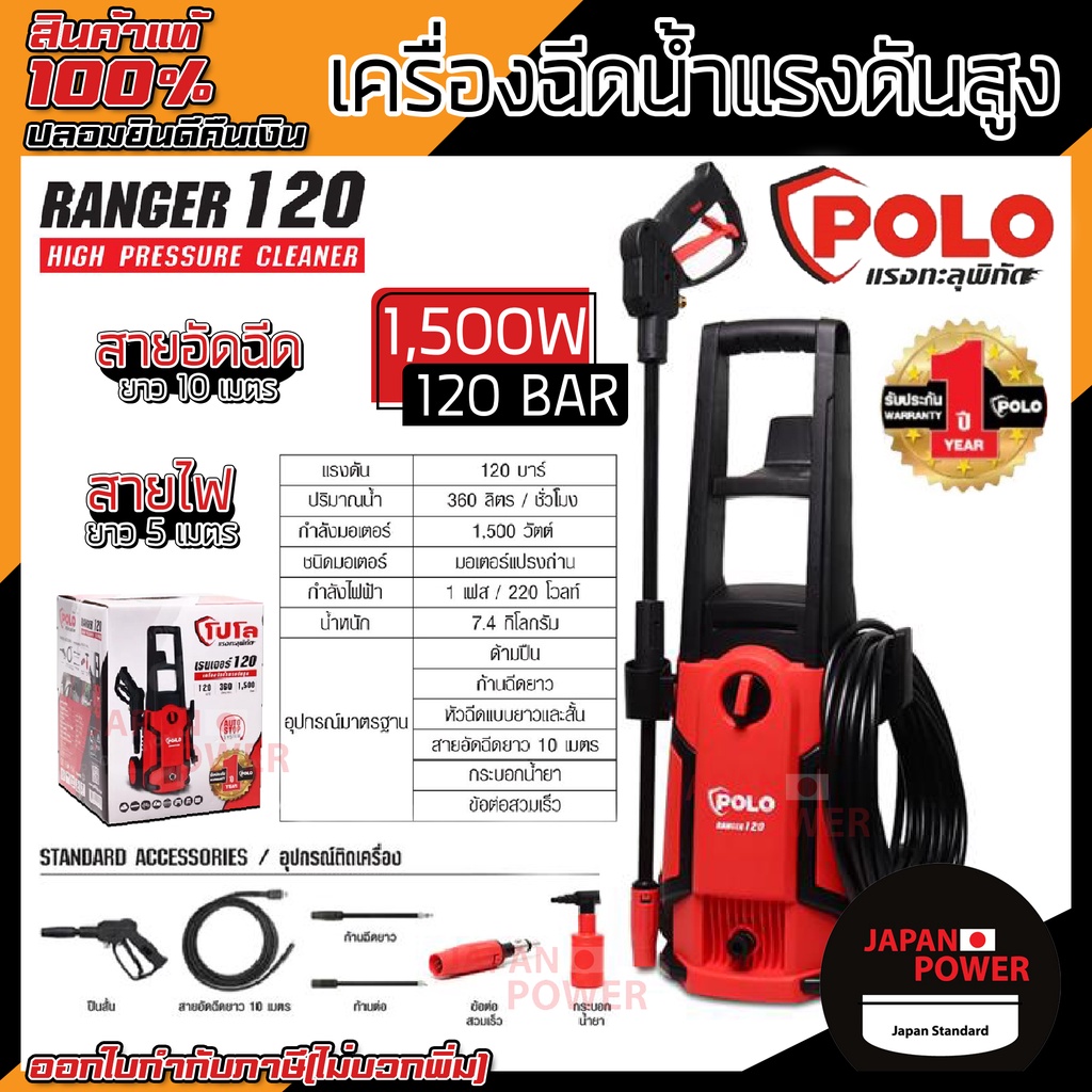 ภาพหน้าปกสินค้าPOLO เครื่องฉีดน้ำแรง รุ่น Ranger 120 ปืนยาว+ปืนสั้น (120 BAR) สายยาว10 เมตร เครื่องฉีดน้ำแรงดันสูง ที่พ่น จากร้าน japanpower_official_mall บน Shopee